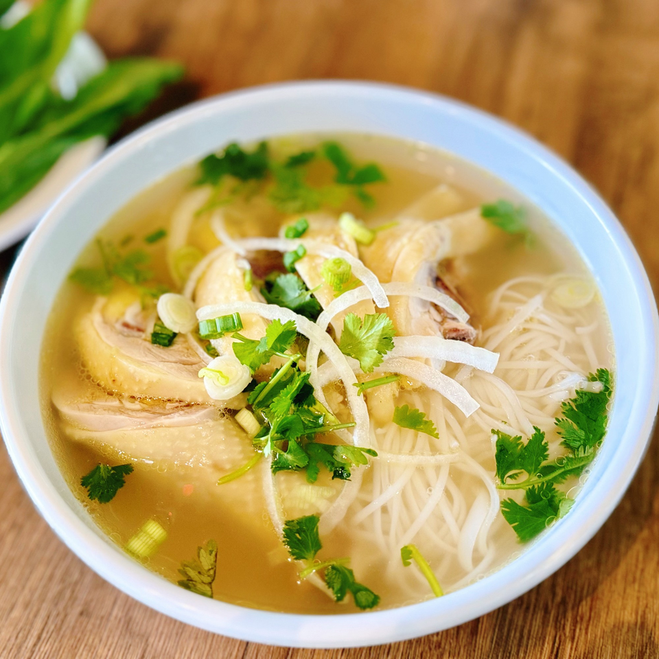 A light blue bowl of Vietnamese pho ga with chicken, noodles, cilantro, and green onions.